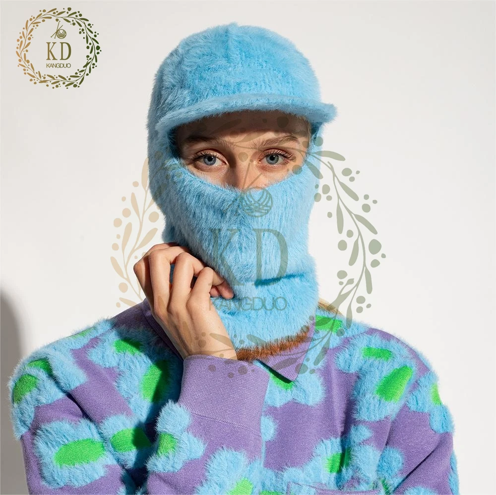 KD Knitwear Manufacture Custom OEM ODM Knit Fluffy Balaclava With Visor Mohair Wool Faux Fur Balaclava Hat