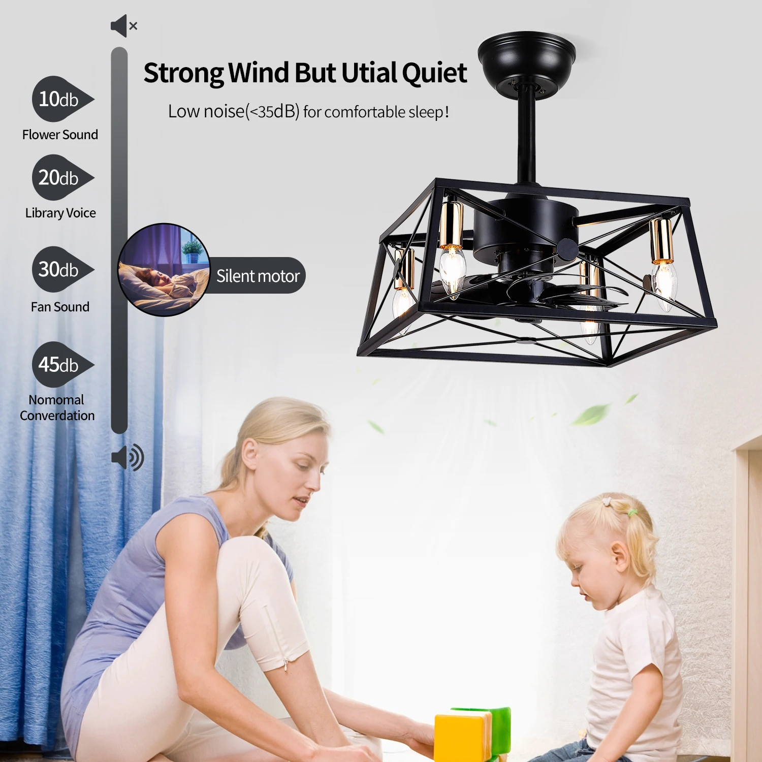 Copper Motor Black Vintage Decorative Caged Ceiling Fan Remote Control Industrial Style Bladeless Led Ceiling Fan With Light