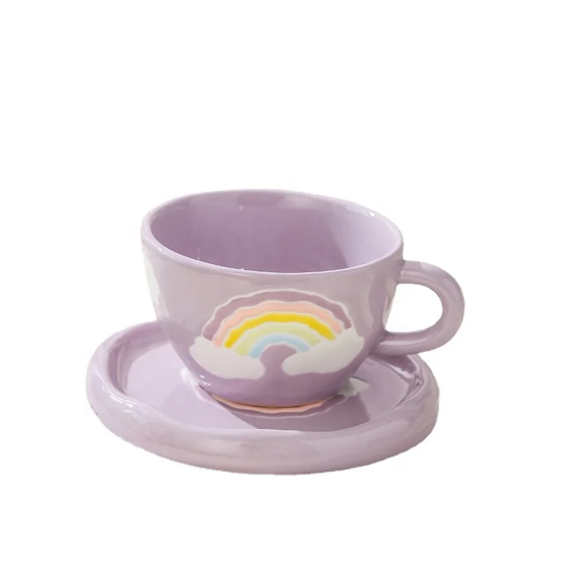 Creative Hand Pinched Ceramic Coffee Cup And Saucer Set Exquisite Porcelain Tea Mug For Daily Use With Handle Rainbow Pattern