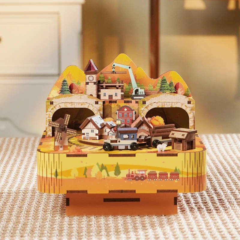 Tonecheer Valley and Train Birthday gift Dly Wooden Puzzle Box Wood Miniature Music Box Merrygoround