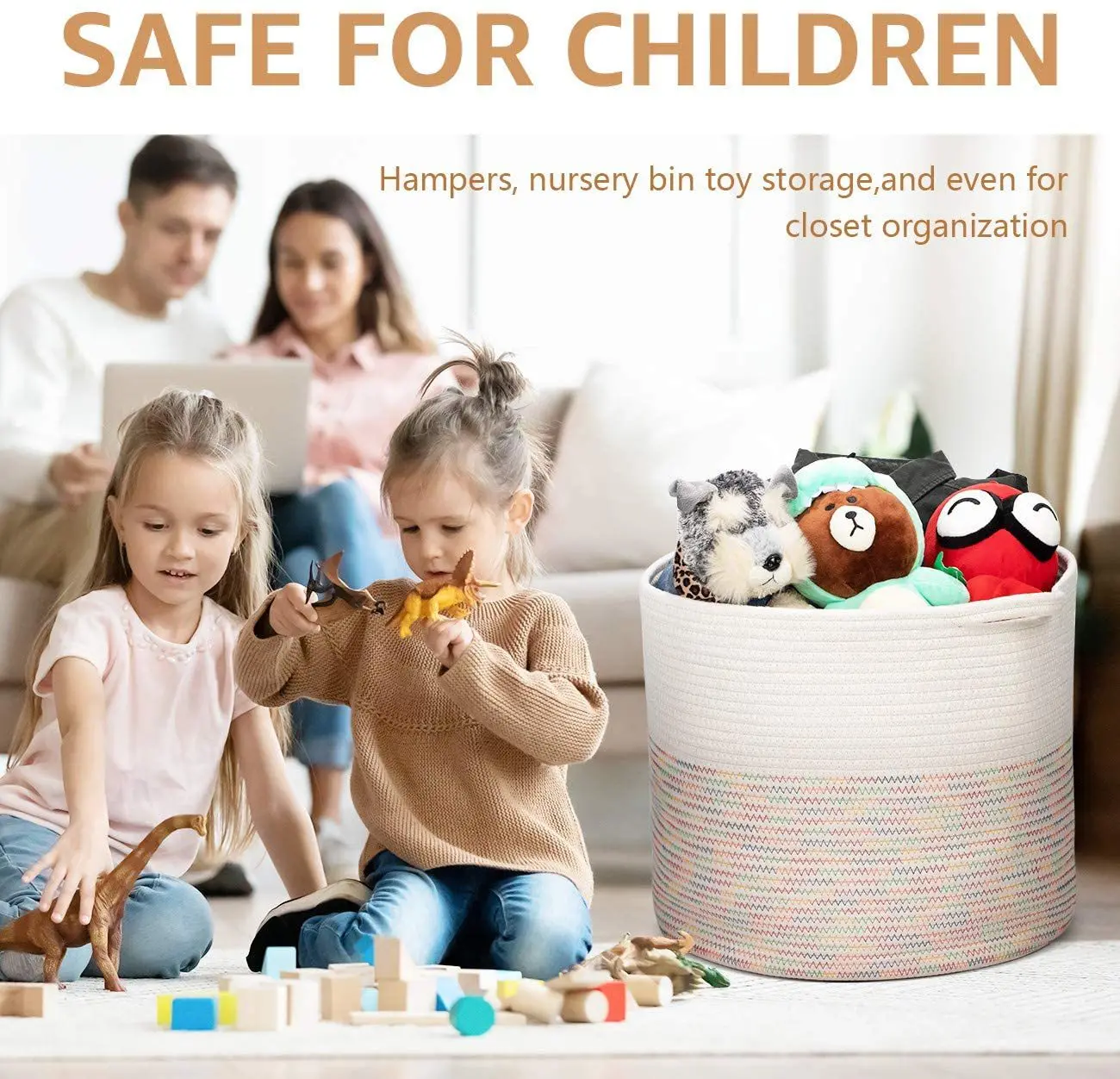 Woven Baby Laundry Basket for Blankets Toys Storage Basket with Handle Comforter Large Cotton Rope Basket