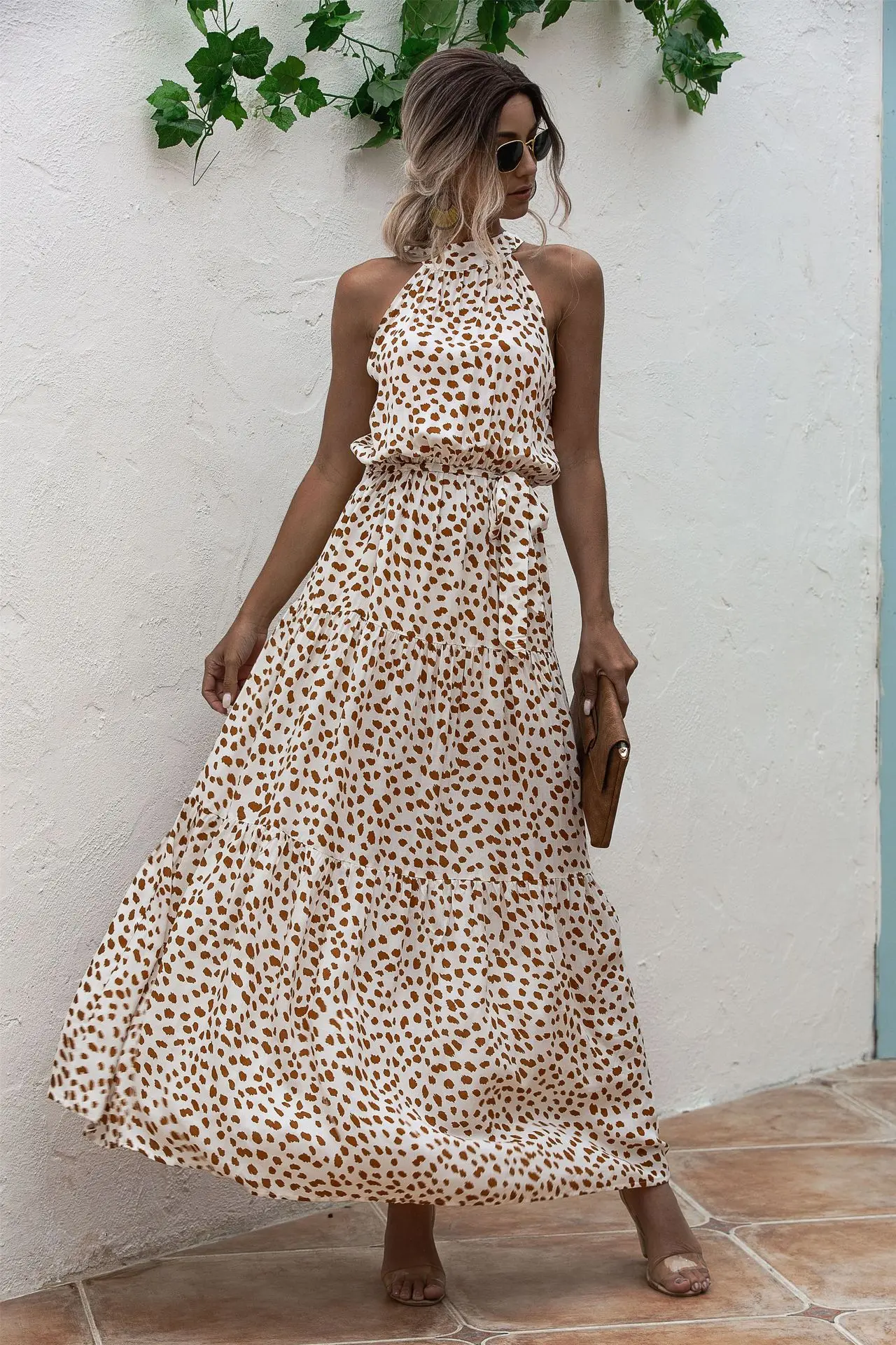 Женское платье с лямкой на шее, длинное Повседневное платье в горошек до щиколотки со шнуровкой, лето 2021