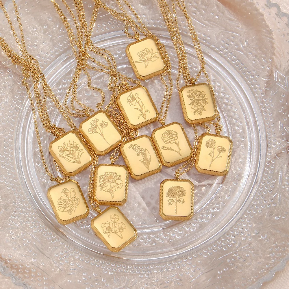 Vintage Engraved Square Birth Flower Pendant Necklace 18K Gold Plated Stainless Steel Tarot Necklace