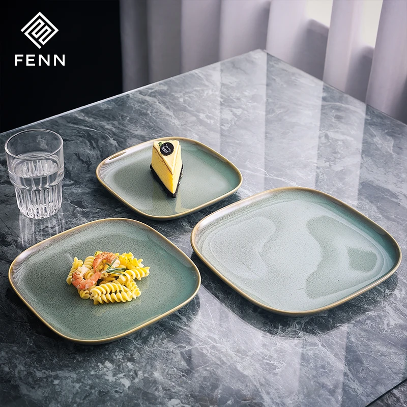 Crockery Glaze Surface Rock Japanese Food Serving Tray Ceramic Green 8 Inch 9 Inch 10 Inch Porcelain Big Square Plates
