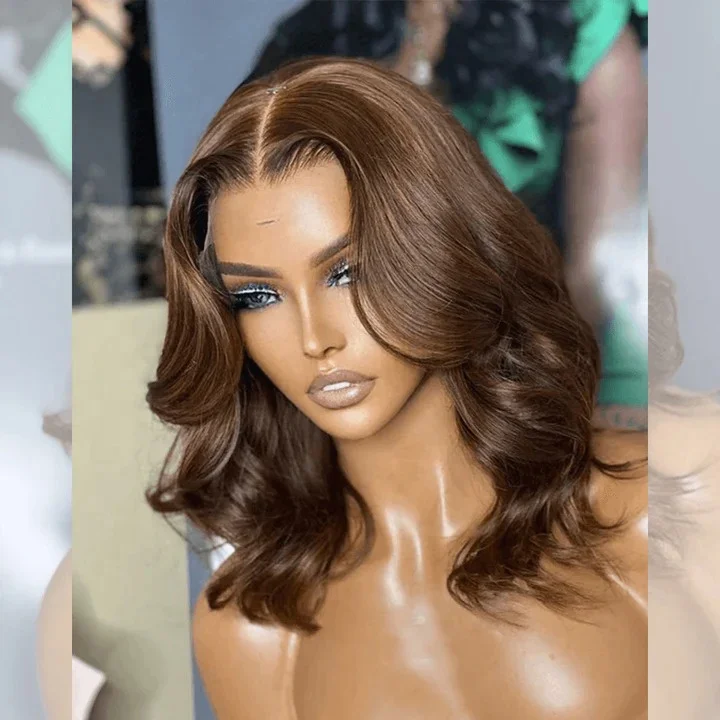 Wavy 13x4 HD Transparent Lace Front Wigs for Black Women Chocolate Brown Short Bob Human Hair Wigs