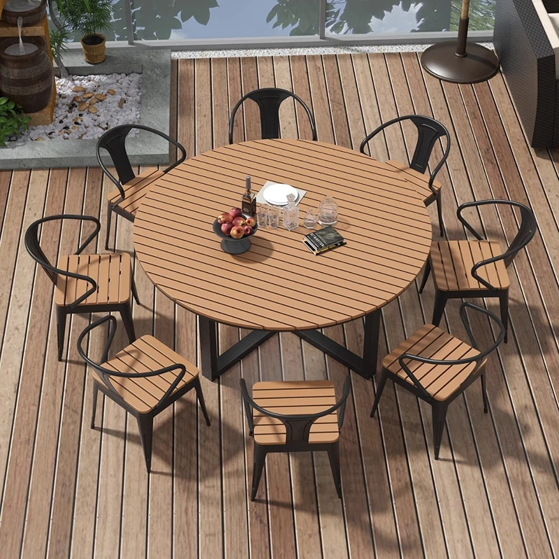 Round Outdoor Dining Table Set Plastic Wood Outdoor Tables for Restaurant and Dining Room in Garden Tables and Chairs sets