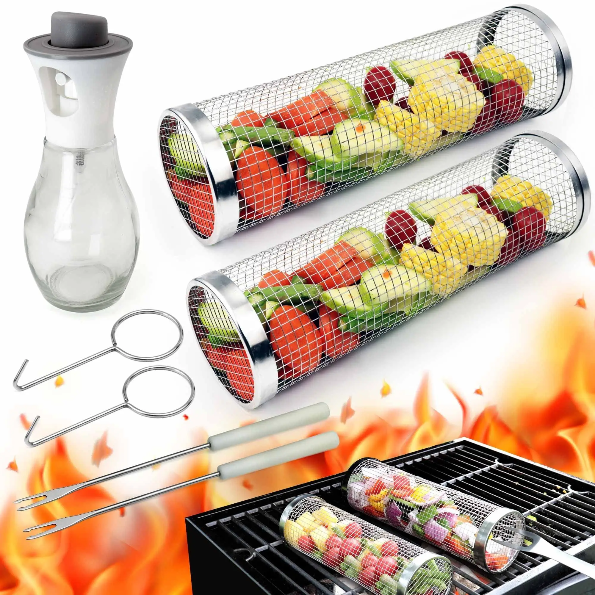 Hot Selling New Portable 304 Stainless Steel Round Net Tube Cylinder Outdoor Grilling Rolling BBQ Basket With LFGB Certificate