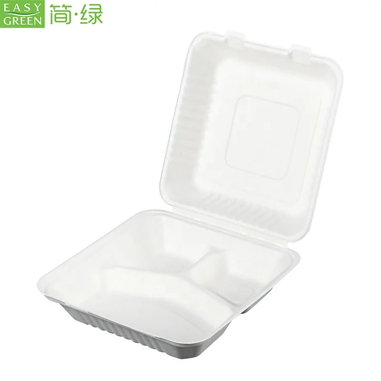 
Easy Green Wholesale Biodegradable 3-com Clamshell Food Disposable Container Bagasse Tableware Pulp Lunch Box 