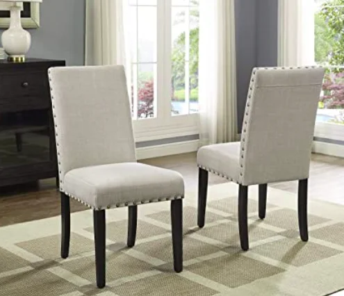Hot sale Upholstered Fabric Copper Nails and Solid Wood Legs Dining Chairs