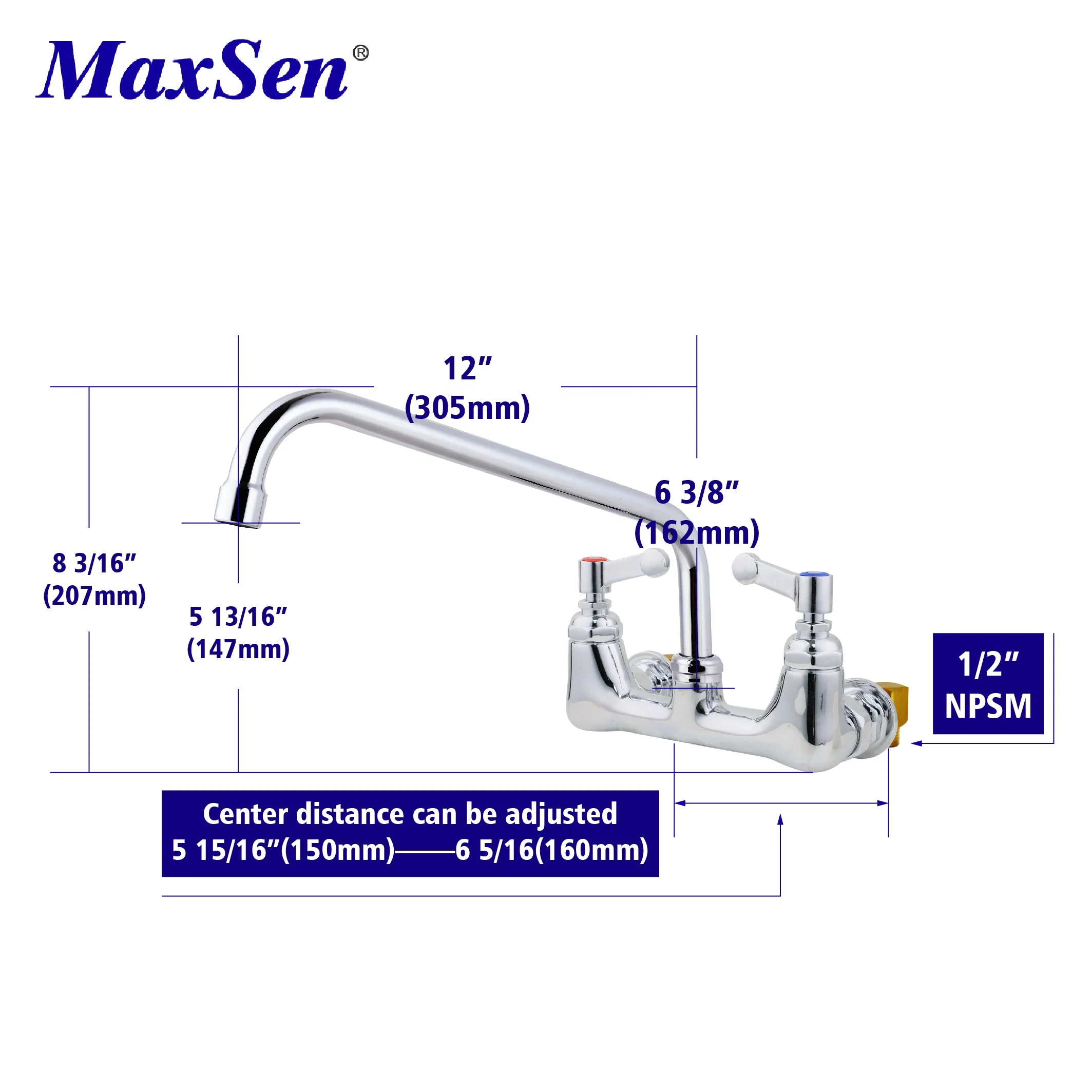 Adjustable Center Wall Mount Kitchen Sink Tap Wall Mounted Kitchen Faucet Dual Handle Kitchen Mixer Faucet Maxsen Tap