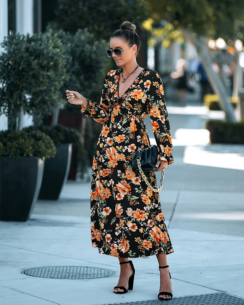 Long Sleeve Floral Print Women Dress Summer Women Vintage V Neck Evening Party Long Sundress Fashion Casual Clothes