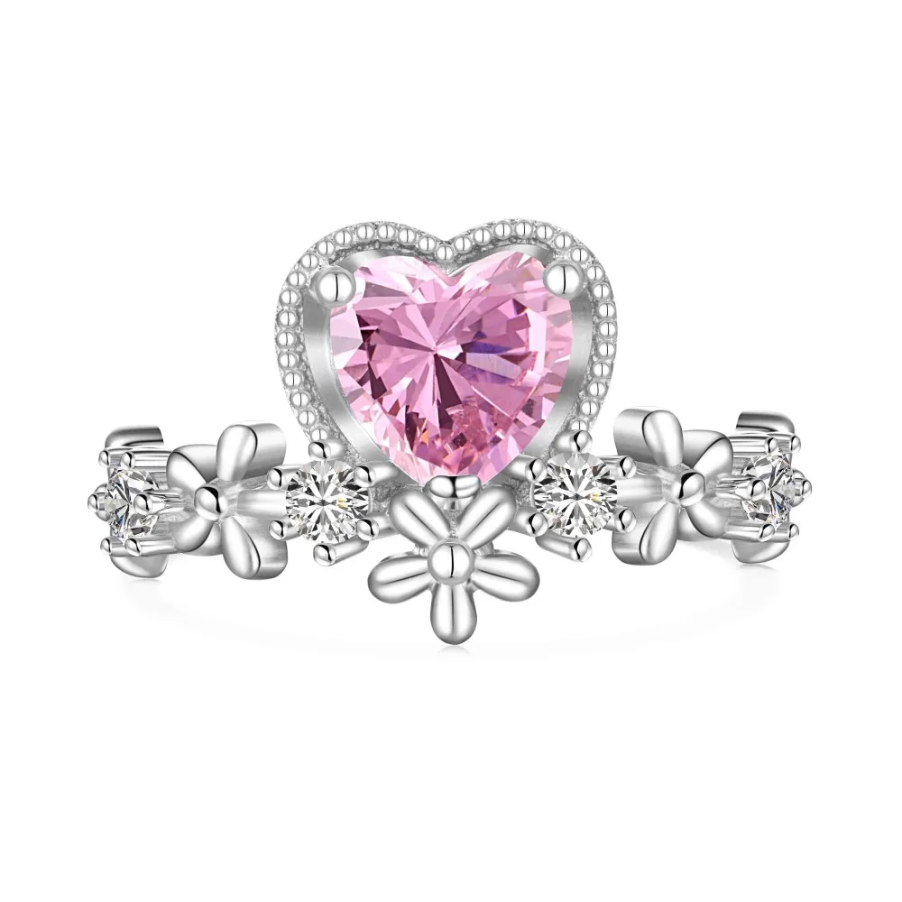 Dylam Exquisite S925 Silver Crown Flower Heart Ring Temperament Sweet Versatile Love Pink Cz Cubic Zirconia Rings Jewelry Women