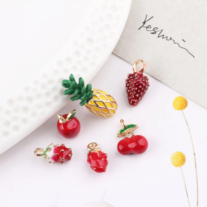 3D Fruit Enamel Charms Cute Gold Tone Cherry Strawberry Pineapple Charms Pendants For Jewelry Making Earring Finding