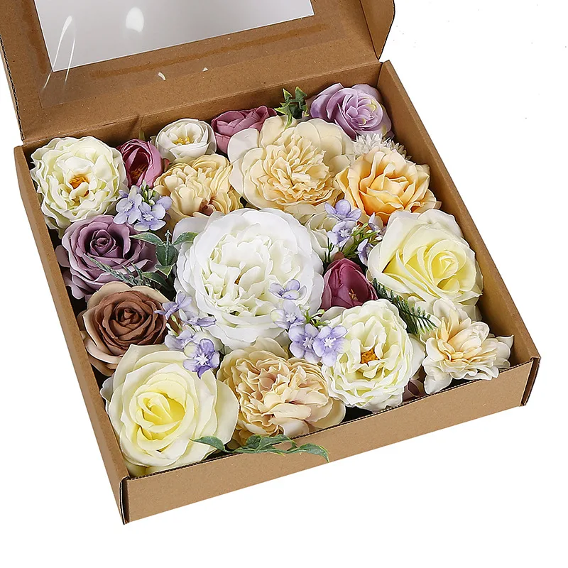 Silk Dahlia Rose DIY Bouquets Wedding  Multicolored Foam Roses Set Boxes Orange Foam Flowers Bouquet Flower Wall Backdrop