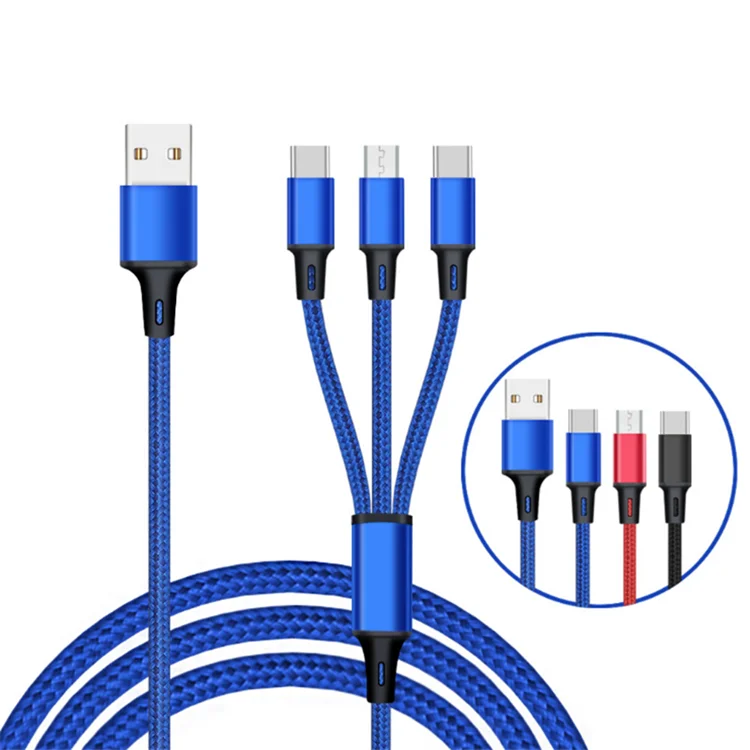  Бесплатный образец нейлоновый зарядный провод 2.4A мобильный Micro USB кабель 3 в 1 для iphone