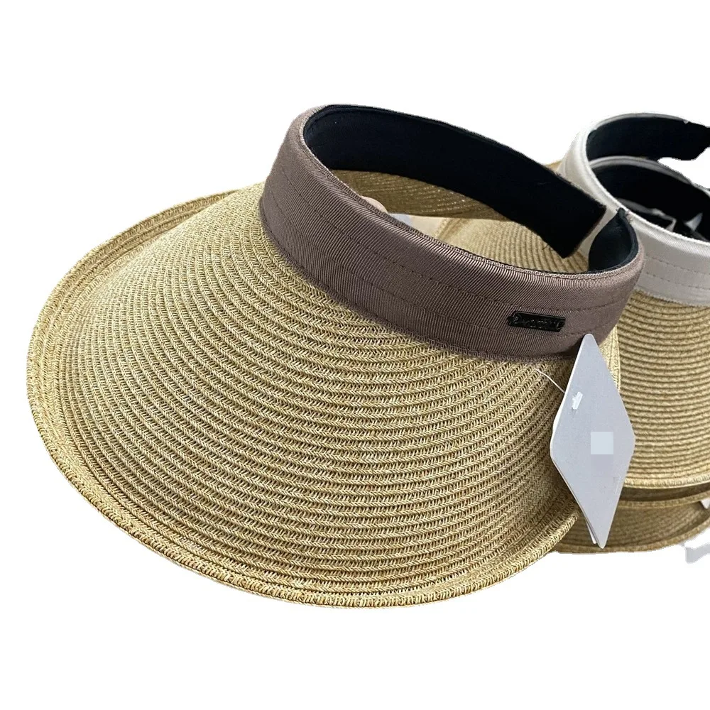 HLC220 Spring Summer Paper Straw Hat UV Sun Protection Casual Panama Straw Caps Outdoor Large Brim Empty Top Straw Hat
