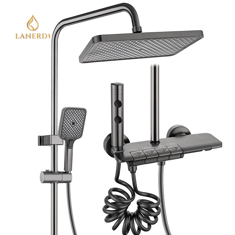 Fashion Piano Key Hot and Cold Rainfall Shower Column with Bidet Sprayer and Handheld Shower Kit Exposed Shower Faucet Bathroom