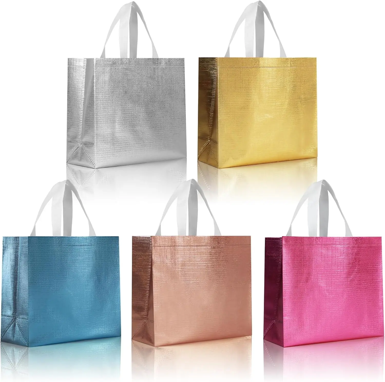 90gsm Multicolor Reusable Gift Bags Bulk 5 Colors, 12.6x4.7x11 In Large Holiday Party Bags with Metallic Bling for gift/