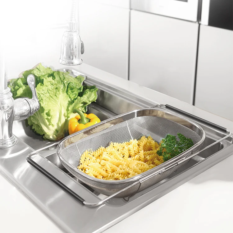Factory Stainless Steel Over The Sink Mesh  Basket With Silicone Handle for Storage Foods colander mesh strainer