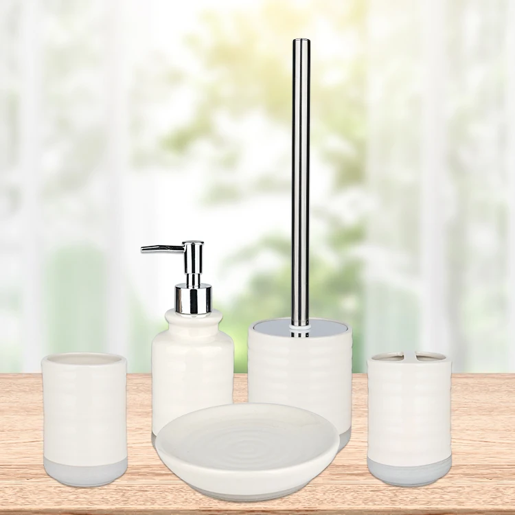 Hotel Ceramic Embossed Bathroom Toiletry Set 5 Pcs White Soap Dispenser Ceramic Bathroom Accessories Sets