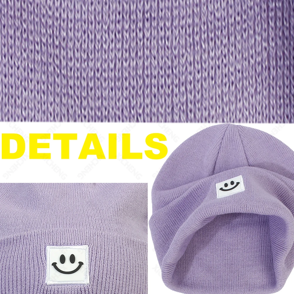 High Quality custom cartoon smile embroidery logo winter warm acrylic high elastic beanie knitted hat for men and women