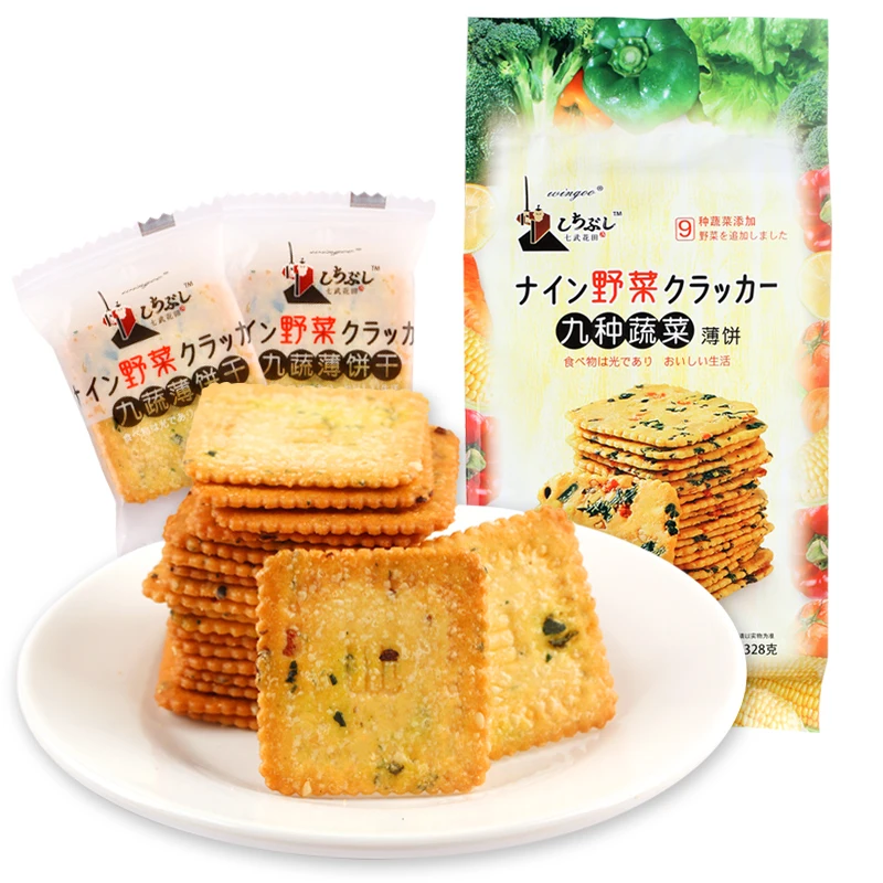 Wholesale Cheap Cispy Cookies Chinese soda crackers salty 9 types of vegetable flavor cracker biscuits 328g