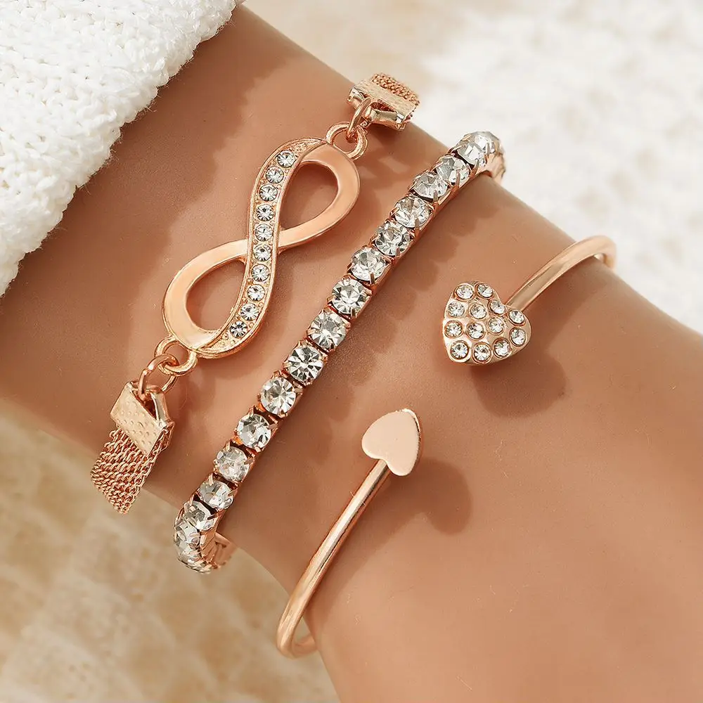 3pcs/set Full Diamond Crystal Peach Heart Open Charm Bangle Bracelet Multilayer Infinity Heart Bracelet Unisex Party Wedding