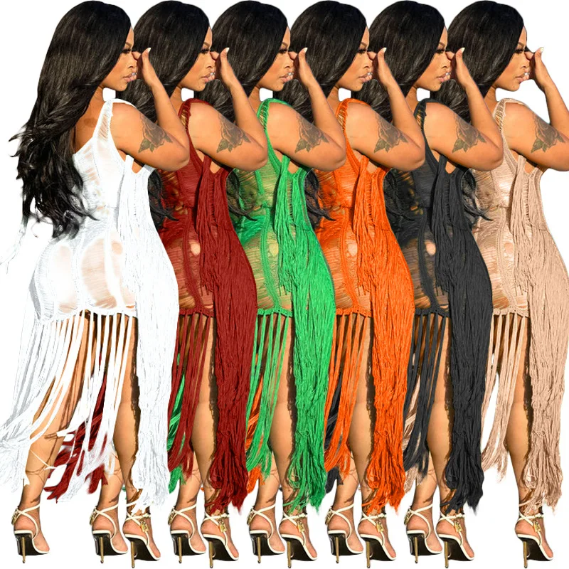 TS1253 New fashion sexy bikinis swim suit cover ups dress crochet beach wear cover up bathing suits for women tassel beach dress