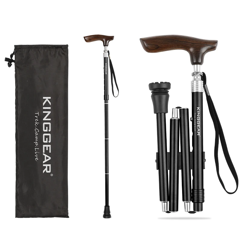 KingGear Portable Wooden Walking Stick Folding Cane Collapsible Lightweight Wood Walking Cane with Adjustable Height