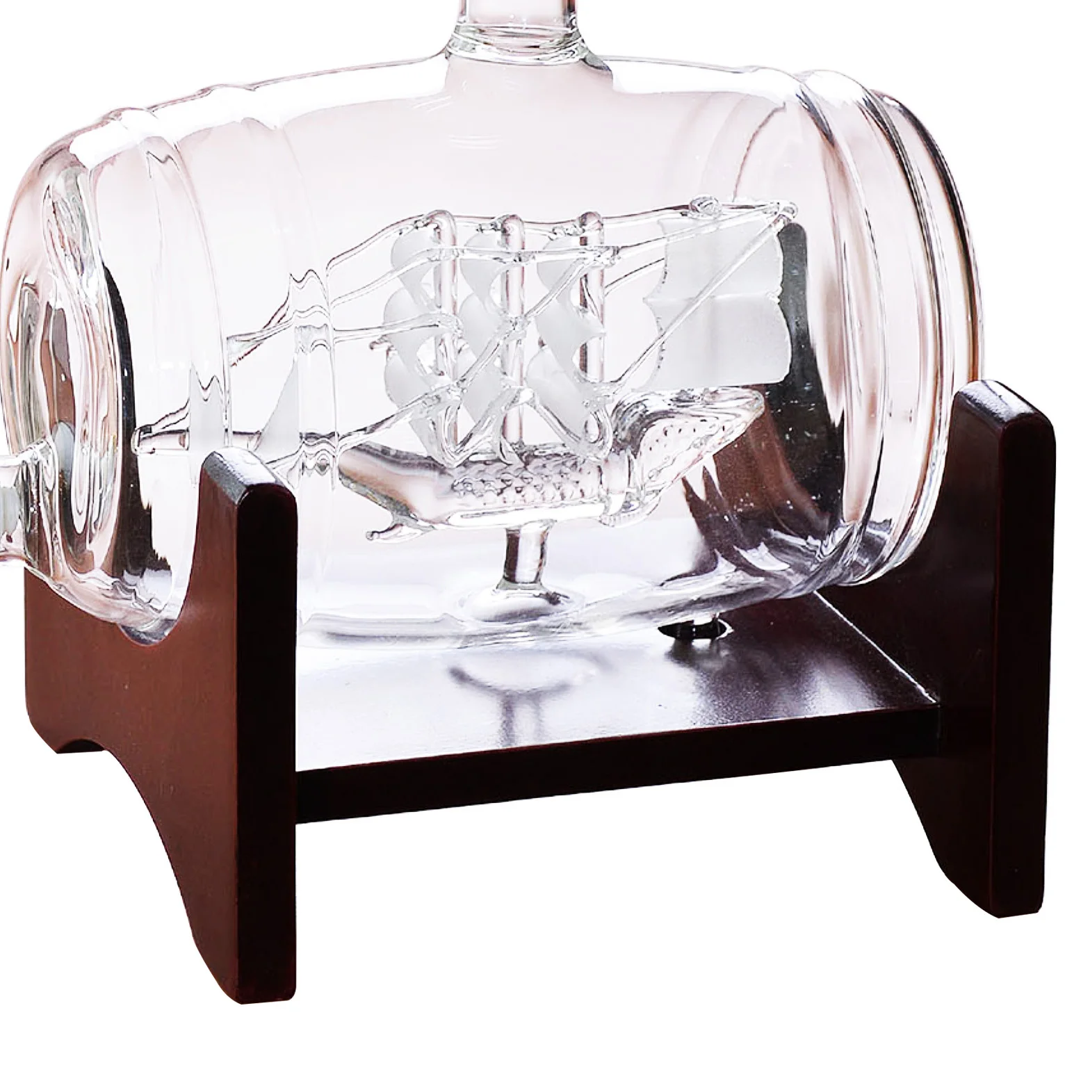 Custom 500ml 600ml 800ml Whiskey Wine Decanter Set With Wood Base Handmade Sailing Boat Shape Liquor Glass Decanter Set