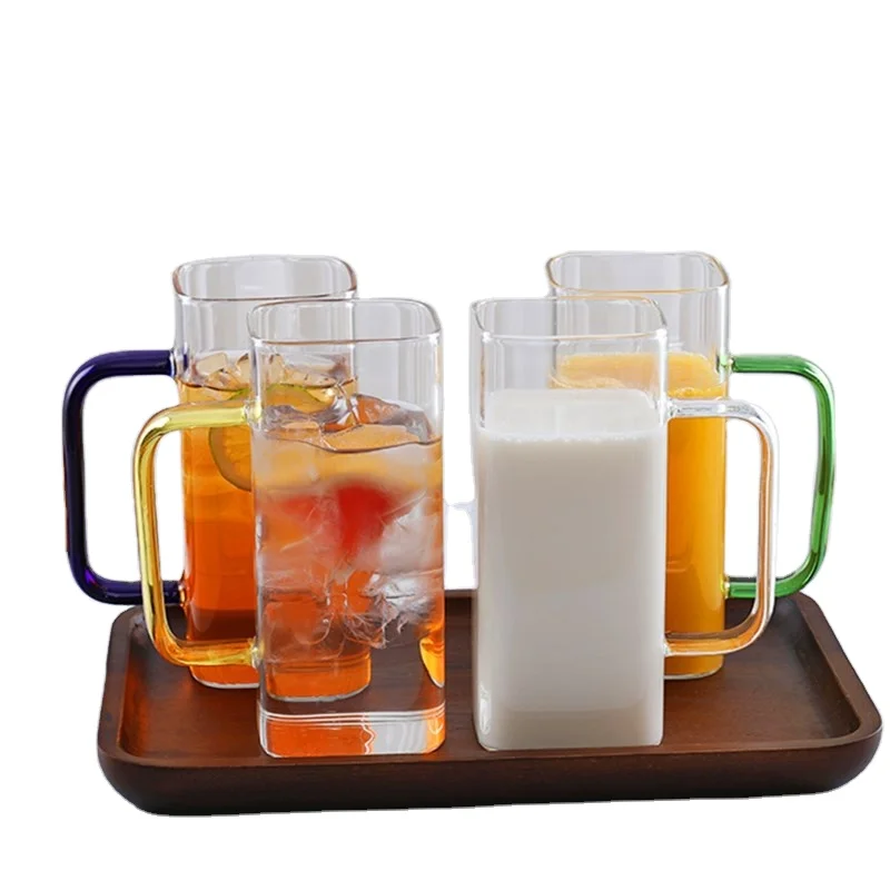 hot high borosilicate glass cup with colourful handle for milk juice water beer