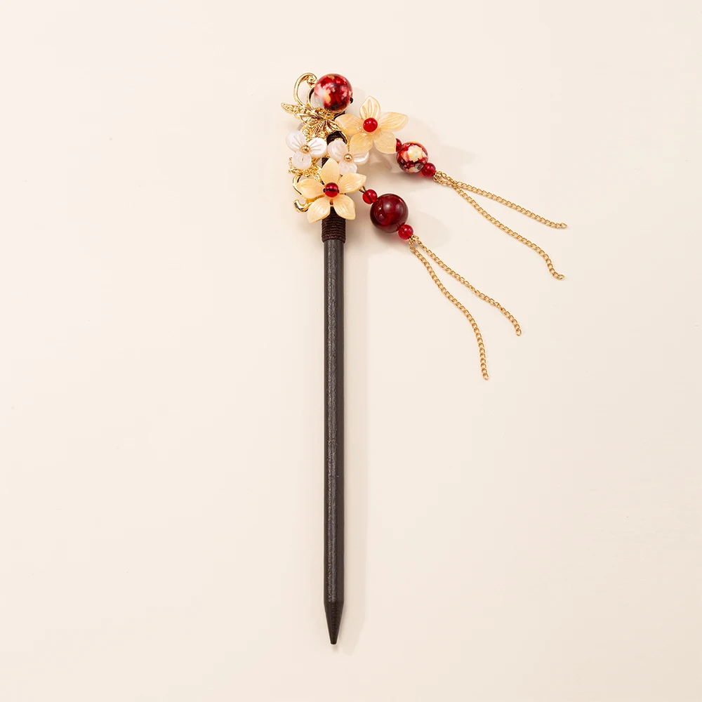 Chinese Wood Hair Sticks Japanese Vintage Tassel Hair Chopsticks Retro Flower Hairpins Handmade Wooden HairPins Classic Hair