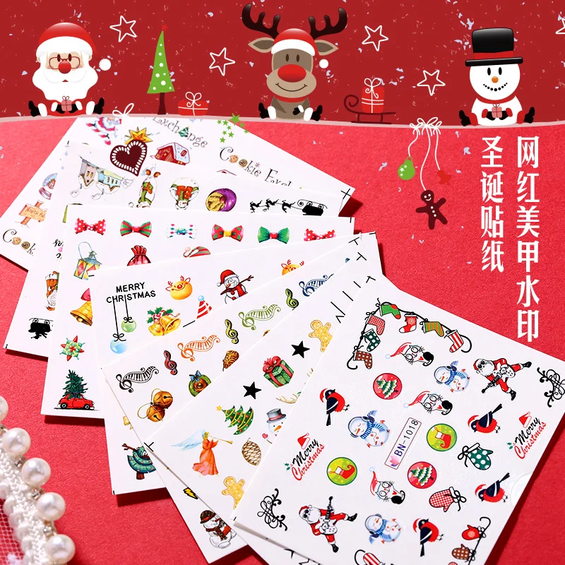 Wholesale Colorful Christmas Nails Art Decals Cartoon Claus Snowman Elk Watermark Nail Stickers