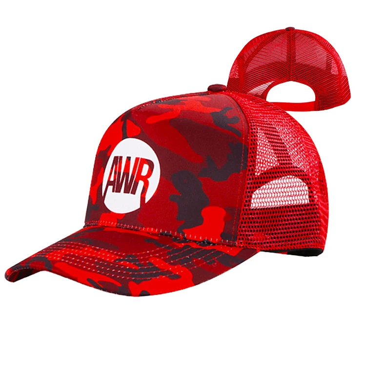 Street wear 5 panel red mesh cap designer trucker cap logo custom screen print cotton camo trucker hats