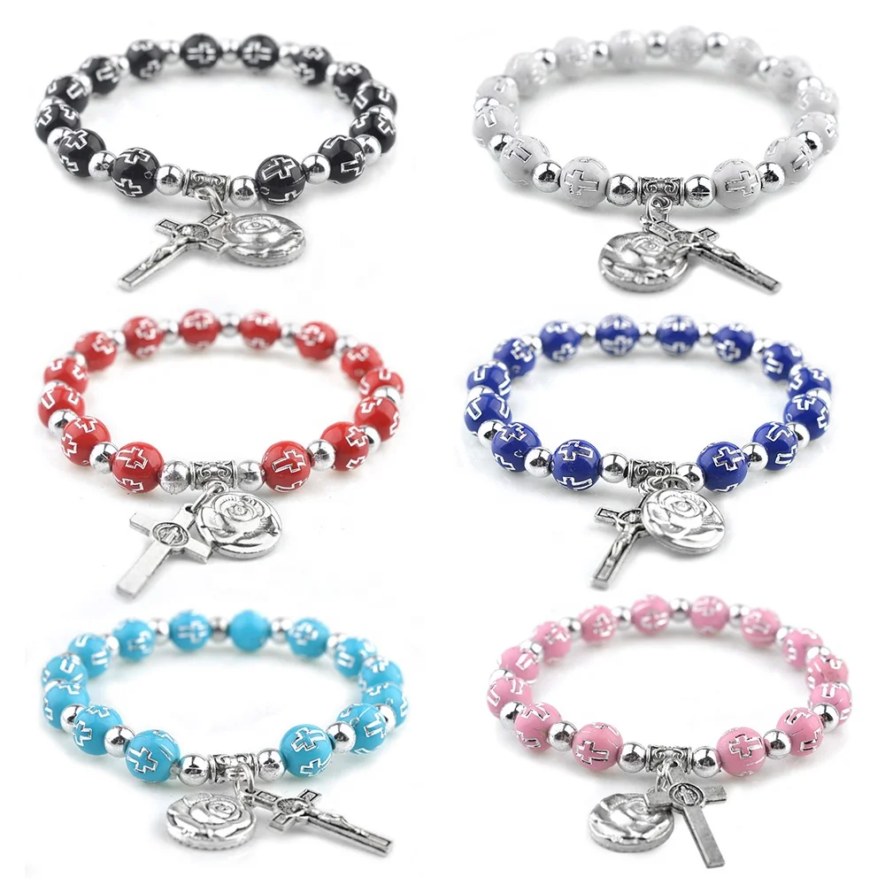 Multi-color Plastic Beads 8mm Cheap Cross Bracelets Strong  Elastic Rope Catholic Bracelets With Rose Medal