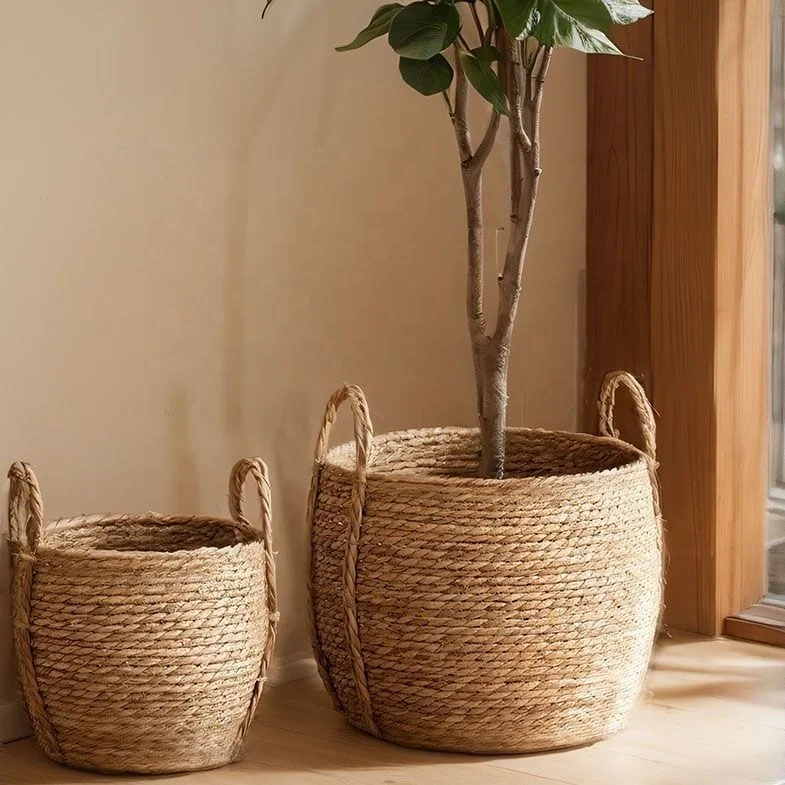 New Fashion Handmade Woven Seagrass storage basket Indoor with Handles woven craft flower basket for home hotel stotage