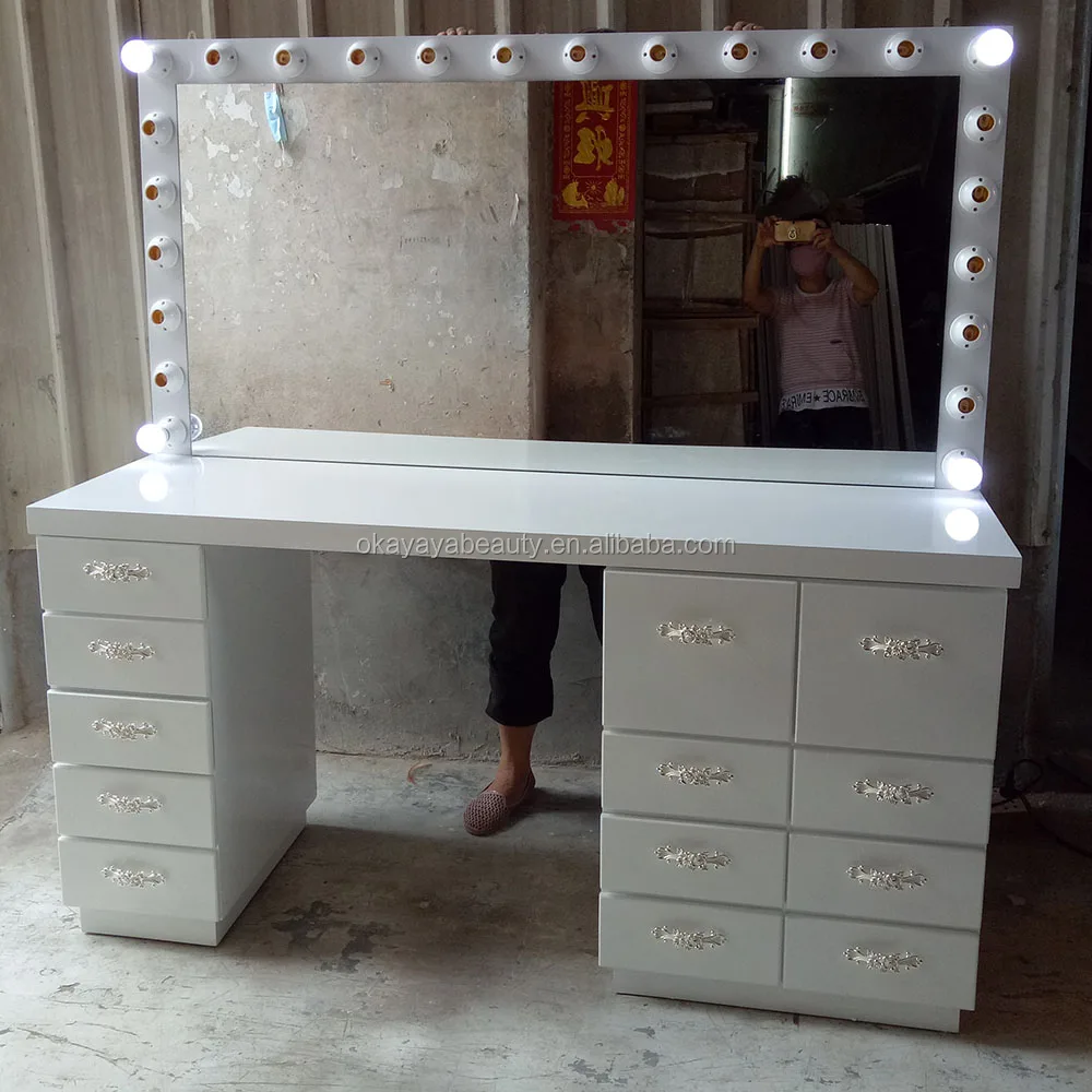 Commercial salon furniture vanity table dressing tables white salon mirror professional makeup station with lights