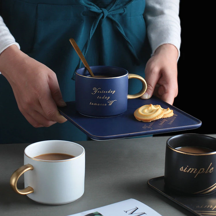 European style matte glaze golden rim luxury ceramic mug latte coffee porcelain cups with square saucer