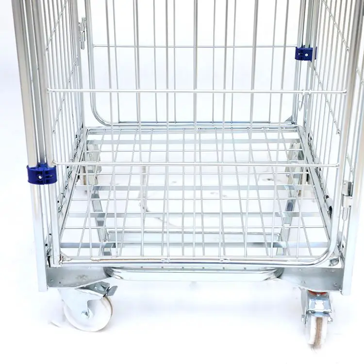 Metal High Capacity Galvanized Stackable Foldable Warehouse Collapsible 4 Sides Roll Cage Trolley
