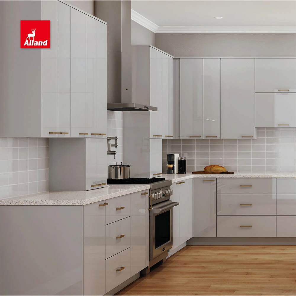 AllandCabinet Custom Color Modern High Gloss Lacquer MDF Plywood Flat Style Kitchen Cabinet Design with Countertop Island