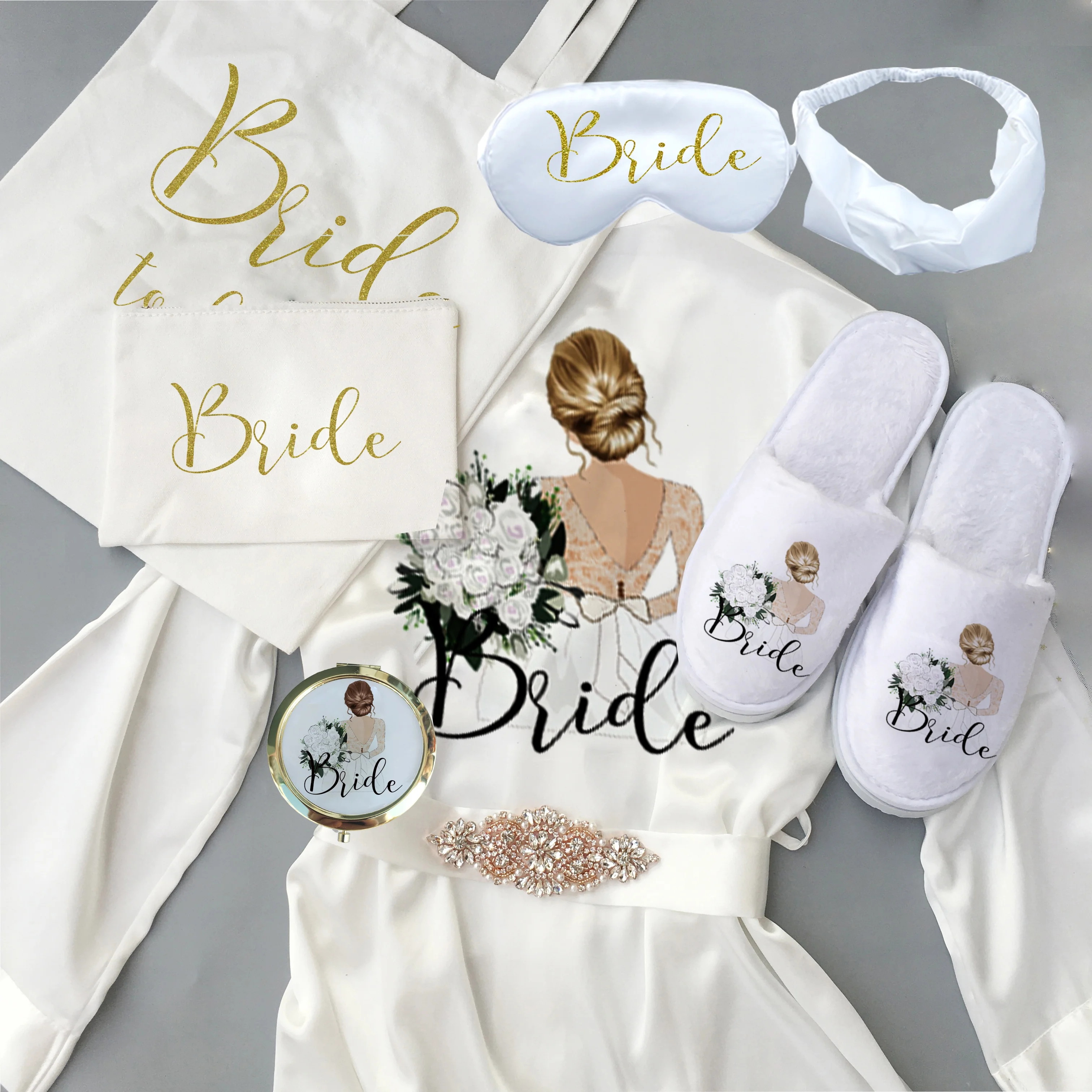 Wholesale Satin Bride and Bridesmaid Silk Robe Wedding Designer Bathrobe Short Robe with Printing Photos
