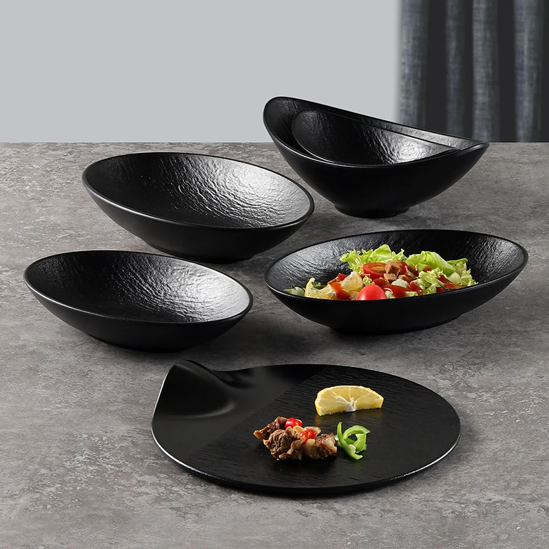 Custom logo OEM Black matte unbreakable melamine plates and bowls black dinnerware sets for restaurant