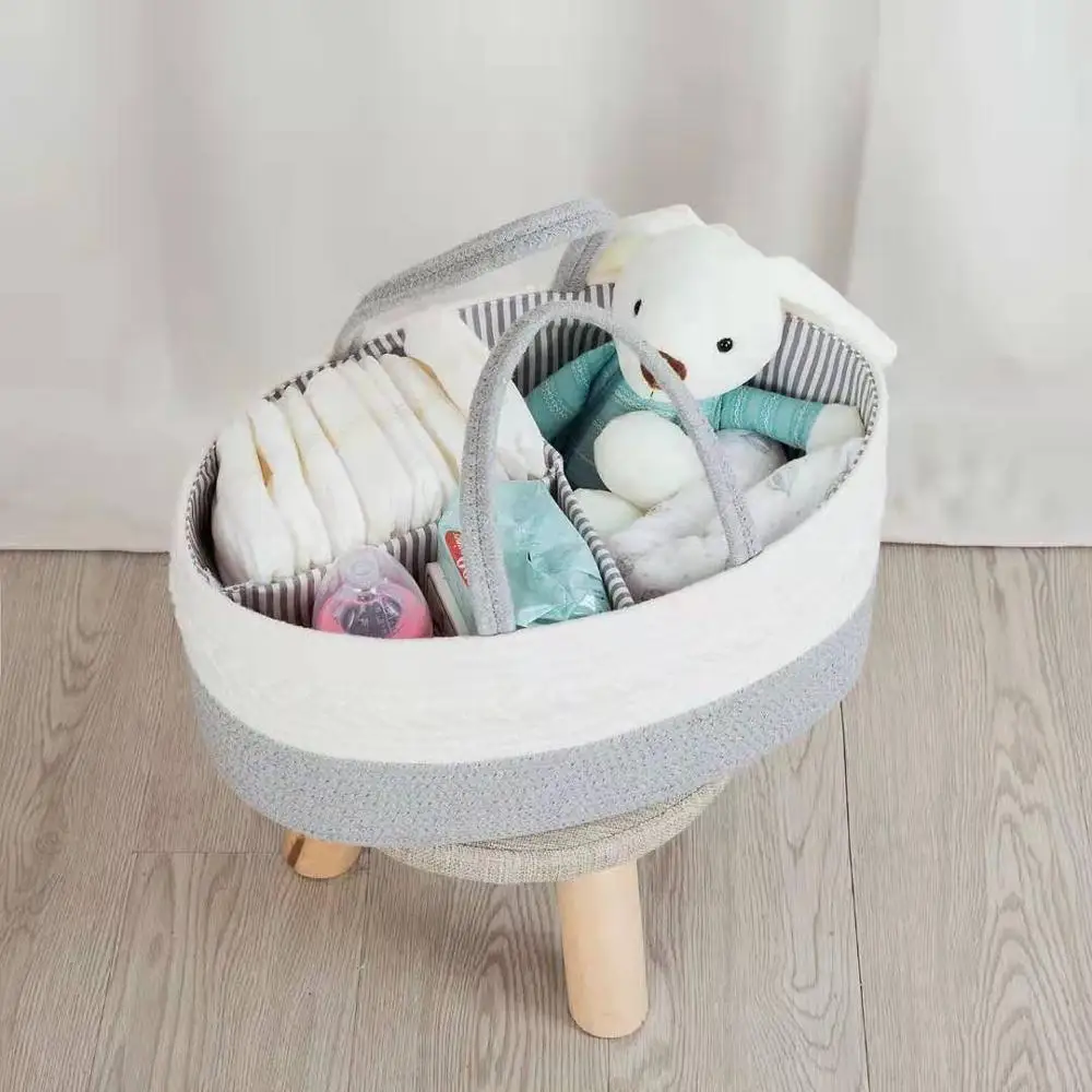 QJMAX Baby Diaper Caddy Organizer Custom Cotton Rope Nursery Storage Bin With Divider Baby Shower Gift Bag