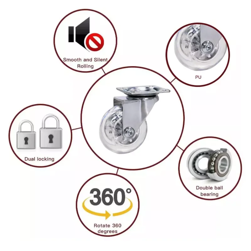 1.5in/2in/3in Transparent Caster PU Clear Furniture Wheel Swivel Threaded Stem Caster