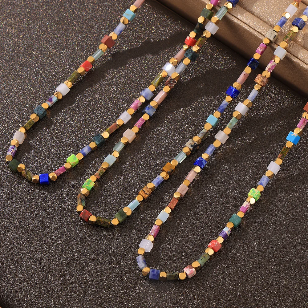 Bohemian Jewelry Mixed Colored Natural Stone Handmade Beaded Necklace Stainless Steel 18k Gold Plated Choker Necklace