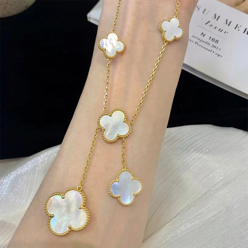 High Quality S925 Sterling Silver Plated 18K Gold Rose Gold Agate Shell 10 Flower Multi-flower Clover Necklace Bracelet set