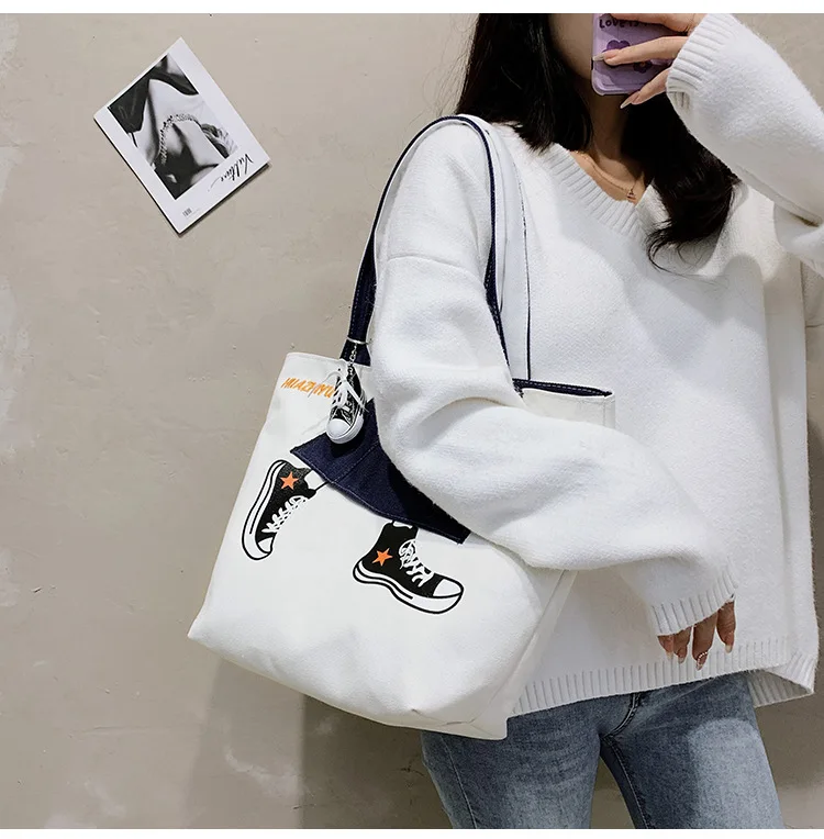 Large Capacity Individuality Inner Patch Pocket Embroidered Letter Logo Canvas Weekend Ladies Satchel Handbag Shoulder Tote Bag