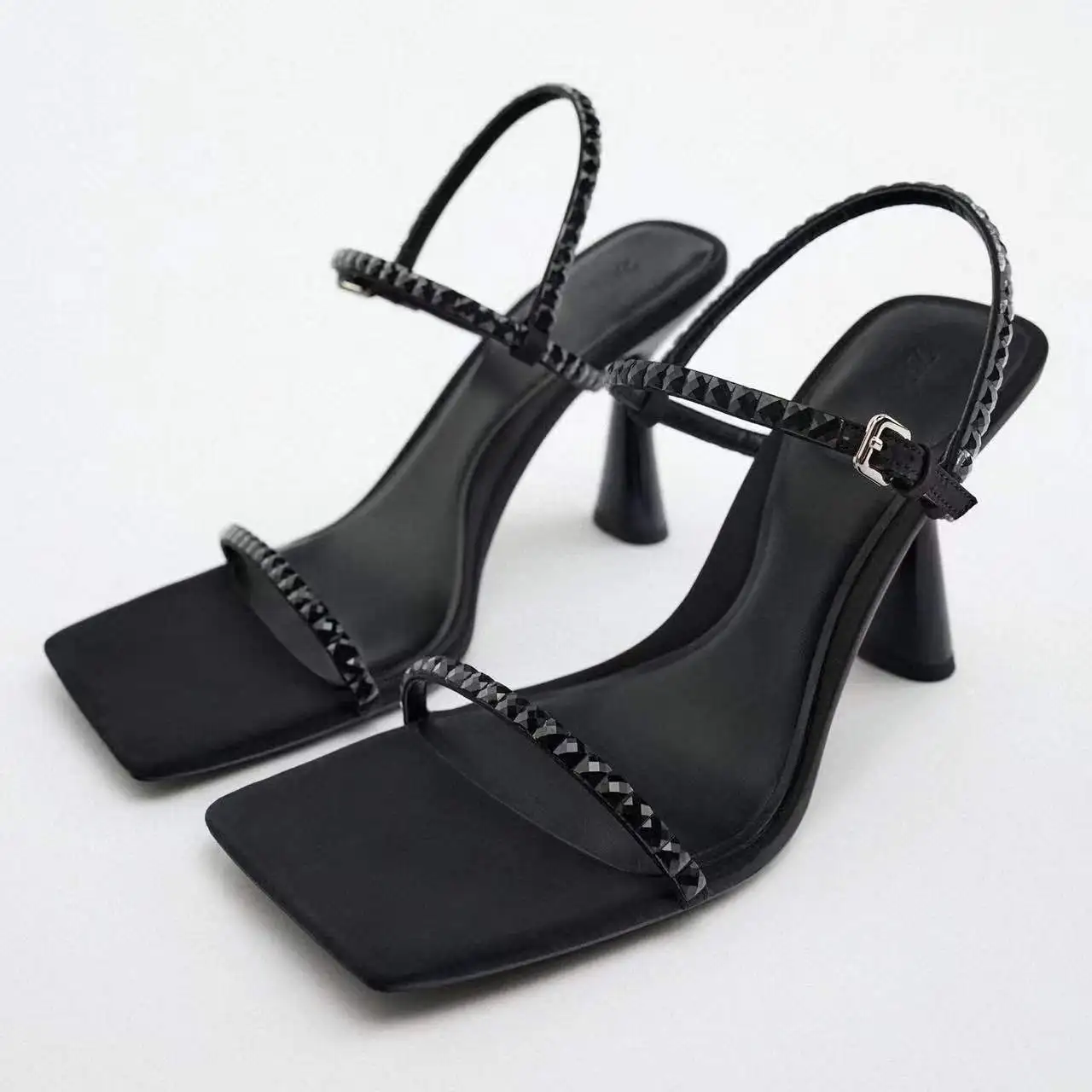 Personalized Rubber Pu High Heels Sandals Ladies Party Square Toe Slip On Sandals