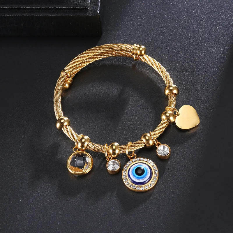 2023 Fashion Stainless Steel Gold Plated Lucky Turkey Blue Eye Wire Bracelet Femme Jewelry Lover Heart Evil Eyes Bracelet