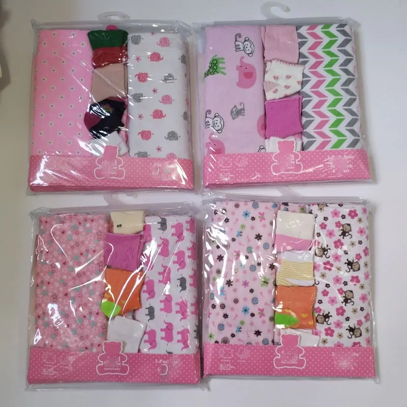 150*100 CM 2 Pcs Receiving Blanket with 4 Pairs Socks 100% Flannel Cotton Mixed Patterned Designs Baby Swaddle Blankets